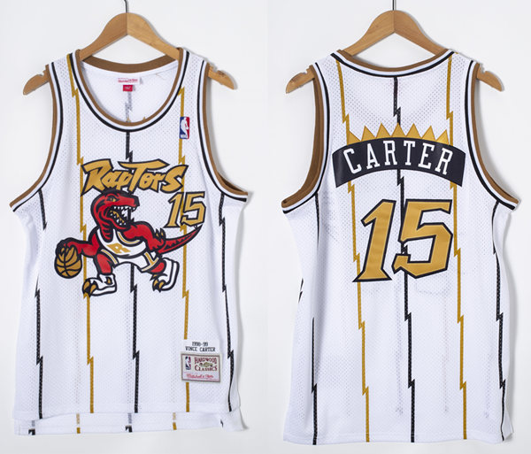 Mens Toronto Raptors #15 Vince Carter White Gold 1998-99 Mitchell & Ness Hardwood Classics Jersey