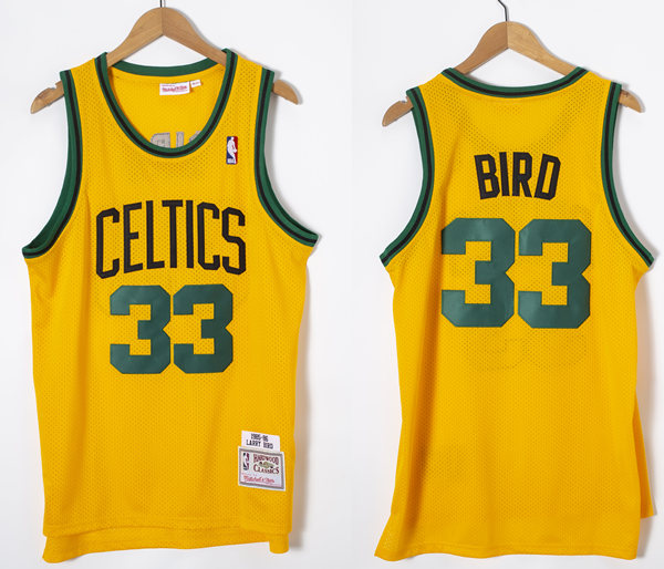 Mens Boston Celtics #33 Larry Bird Gold Reload 3.0 1985-86 Reload Hardwood Classics Jersey