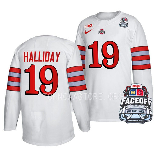 Mens Youth Ohio State Buckeyes #19 Stephen Halliday Nike White FACEOFF ON THE LAKE UNIFORM Hockey Jerse
