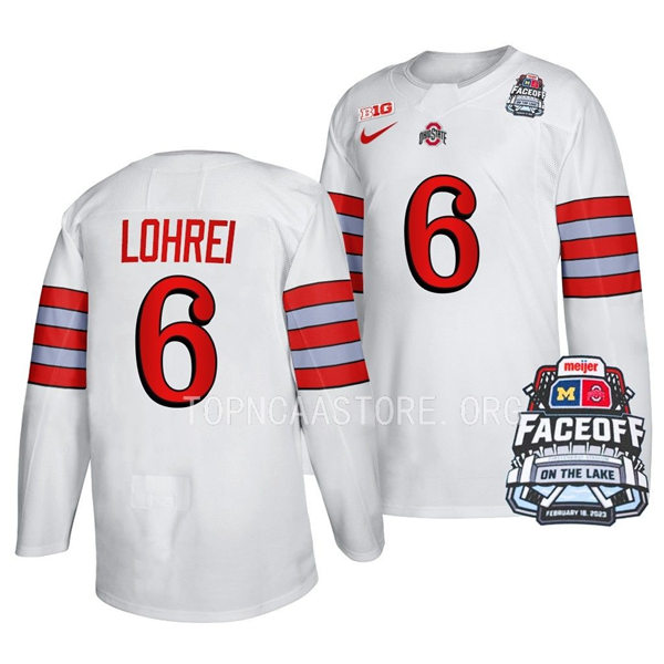 Mens Youth Ohio State Buckeyes #6 Mason Lohrei Nike White FACEOFF ON THE LAKE UNIFORM Hockey Jerse