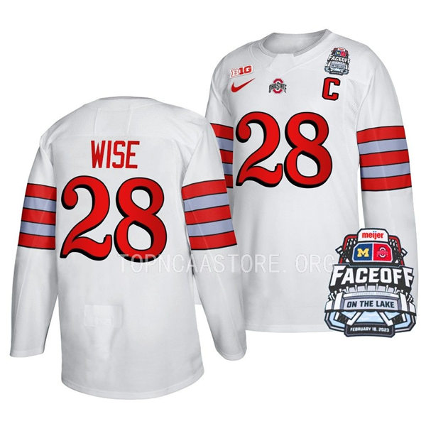 Mens Youth Ohio State Buckeyes #28 Jake Wise Nike White FACEOFF ON THE LAKE UNIFORM Hockey Jerse
