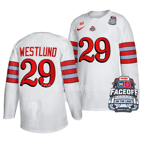 Mens Youth Ohio State Buckeyes #29 Gustaf Westlund Nike White FACEOFF ON THE LAKE UNIFORM Hockey Jerse