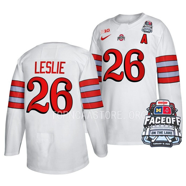 Mens Youth Ohio State Buckeyes #26 Jaedon Leslie Nike White FACEOFF ON THE LAKE UNIFORM Hockey Jerse