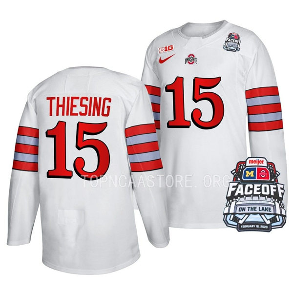 Mens Youth Ohio State Buckeyes #15 Cam Thiesing Nike White FACEOFF ON THE LAKE UNIFORM Hockey Jerse