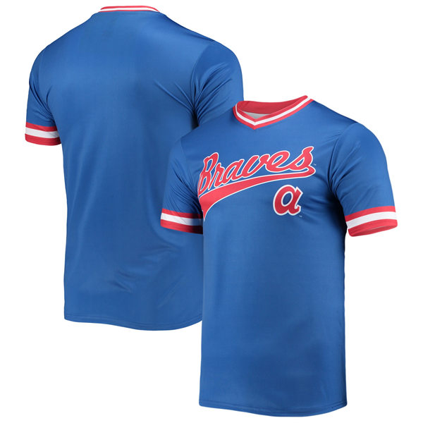 Mens Youth Atlanta Braves Custom Stitches Cooperstown Collection V-Neck Team Color Jersey Royal-Red
