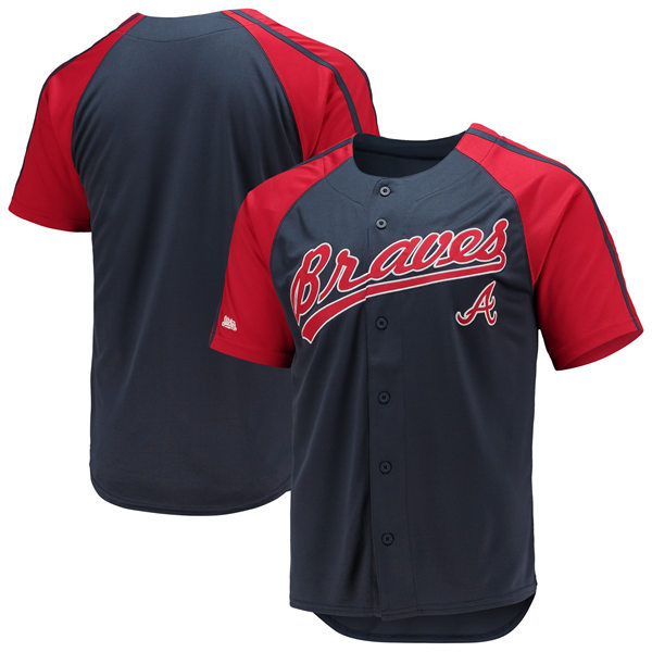 Mens Youth Atlanta Braves Custom Stitches Button-Down Raglan Replica Jersey Navy