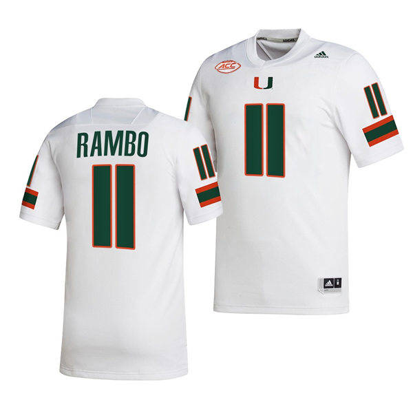 Mens Youth Miami Hurricanes #11 Charleston Rambo White 2022 Football Game Jersey