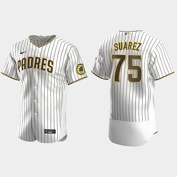 Mens San Diego Padres #75 Robert Suarez White Brown Pinstripe Home FlexBase Player Jersey