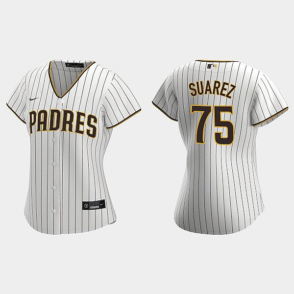 Womens San Diego Padres #75 Robert Suarez White Brown Home CoolBase Jersey