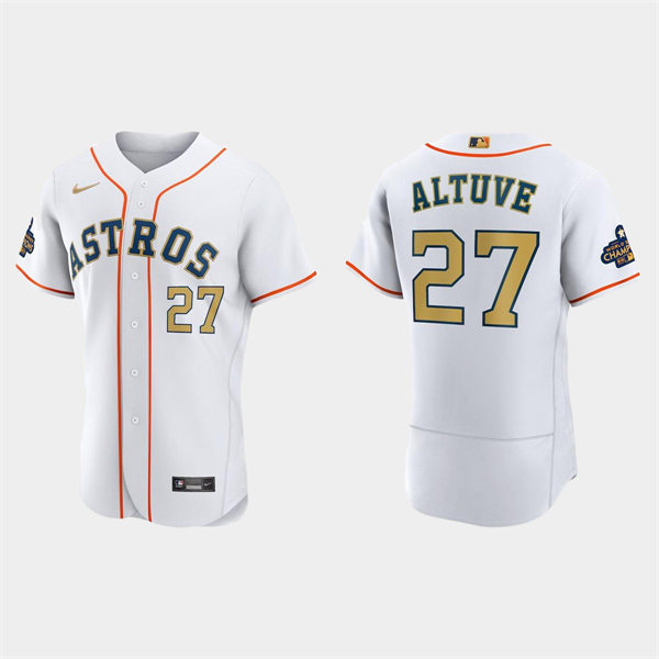 Mens Houston Astros #27 Jose Altuve 2023 White Gold Rush World Series Champions Jersey