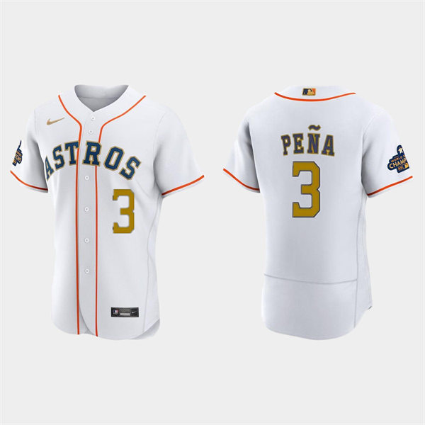 Mens Houston Astros #3 Jeremy Pena 2023 White Gold Rush World Series Champions Jersey 