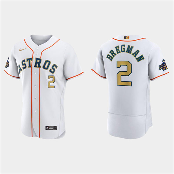 Mens Houston Astros #2 Alex Bregman 2023 White Gold Rush World Series Champions Jersee
