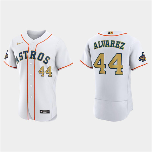 Mens Houston Astros #44 Yordan Alvarez 2023 White Gold Rush World Series Champions Jerse
