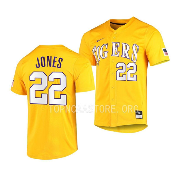 Mens Youth LSU Tigers #22 Jared Jones Gold Vapor Untouchable Elite Baseball Game Jersey