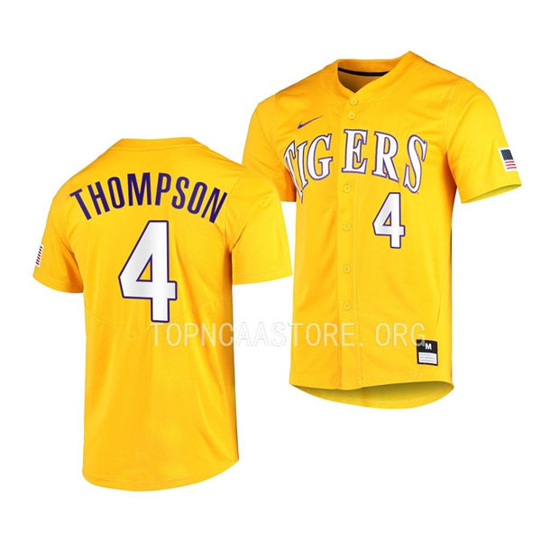 Mens Youth LSU Tigers #4 Jordan Thompson Gold Vapor Untouchable Elite Baseball Game Jersey