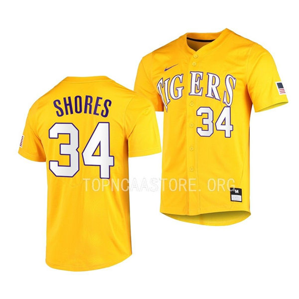 Mens Youth LSU Tigers #34 Chase Shores Gold Vapor Untouchable Elite Baseball Game Jersey
