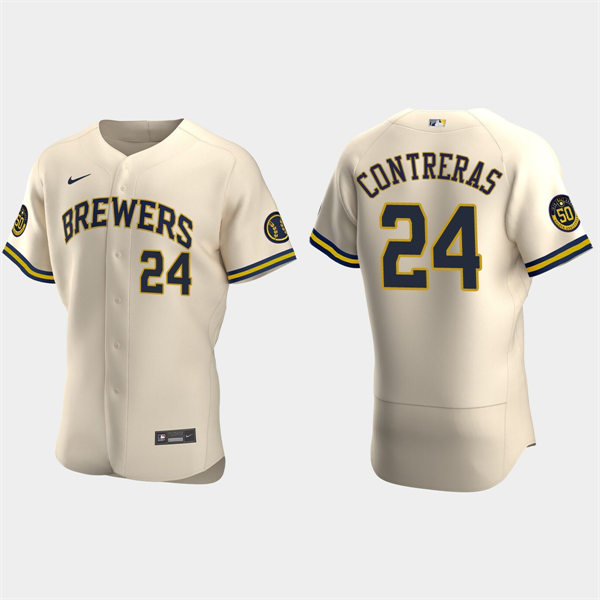 Mens Milwaukee Brewers #24 William Contreras  Nike Cream Home FlexBase Player Jersey (1)