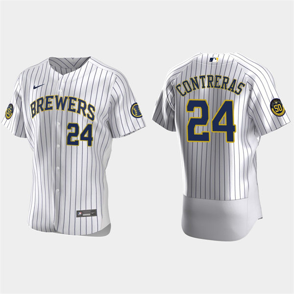 Mens Milwaukee Brewers #24 William Contreras Nike White Pinstripe Alternate FlexBase Player Jersey (4)