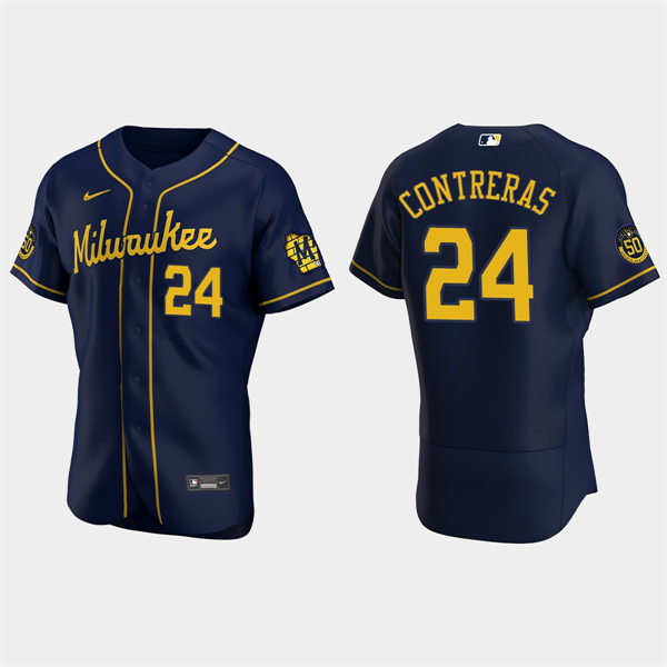 Mens Milwaukee Brewers #24 William Contreras Nike Navy Alternate FlexBase Player Jersey (5)