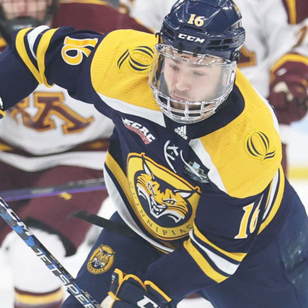 Mens Youth Quinnipiac Bobcats #16 Jacob Quillan Navy Gold 2023 NCAA Frozen Four Hockey Jersey