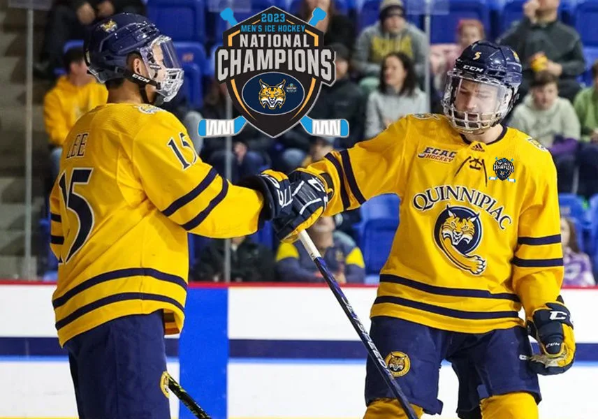 Quinnipiac Bobcats Custom Gold NCAA Hockey 2023 Frozen Four Champions Jersey