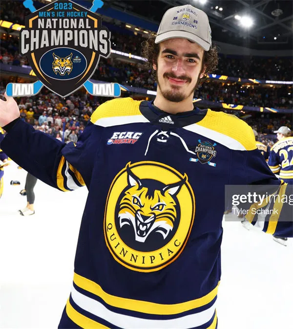 Quinnipiac Bobcats Custom NCAA Hockey 2023 Frozen Four Champions Jersey Navy Gold