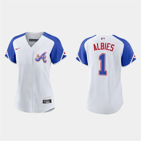 Womens Atlanta Braves #1 Ozzie Albies White 2023 City Connect Jersey