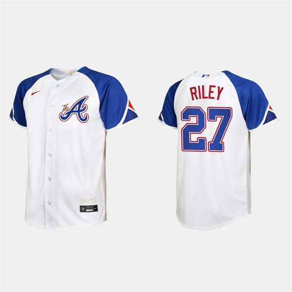 Youth Atlanta Braves #27 Austin Riley White 2023 City Connect Jersey