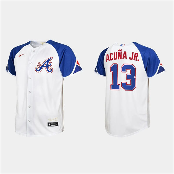 Youth Atlanta Braves #13 Ronald Acuna Jr. White 2023 City Connect Jersey