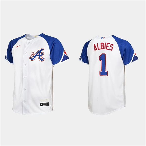 Youth Atlanta Braves #1 Ozzie Albies White 2023 City Connect Jersey