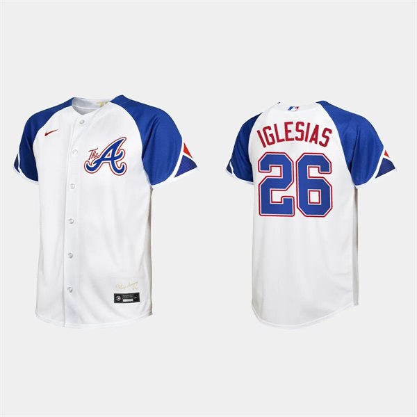 Youth Atlanta Braves #26 Raisel Iglesias White 2023 City Connect Jersey