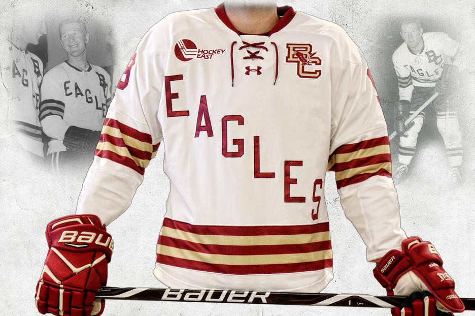 Men's Youth Boston College Eagles Custom Under Armour White 1960 Retro Hockey Jersey