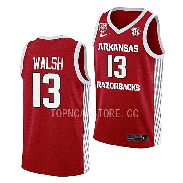 Mens Youth Arkansas Razorbacks #13 Jordan Walsh Cardinal Basketball 100TH Season Anniversary Jersey