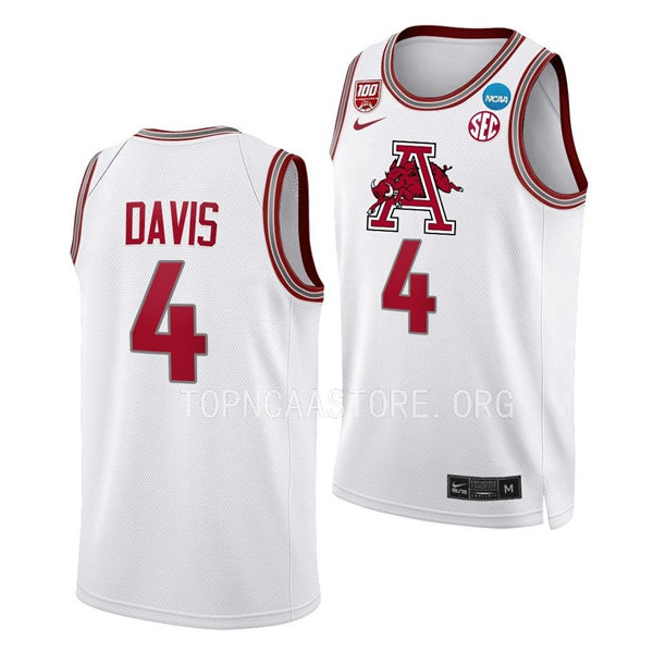 Mens Youth Arkansas Razorbacks #4 Davonte Davis White 2023 NCAA March Madness Basketball Jersey