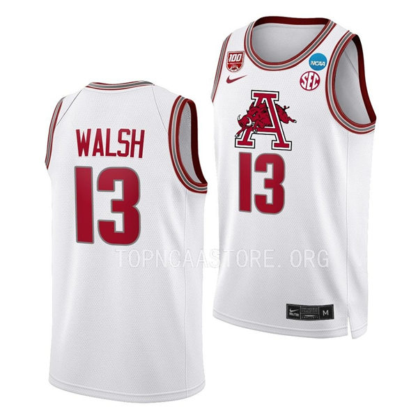 Mens Youth Arkansas Razorbacks #13 Jordan Walsh White 2023 NCAA March Madness Basketball Jersey