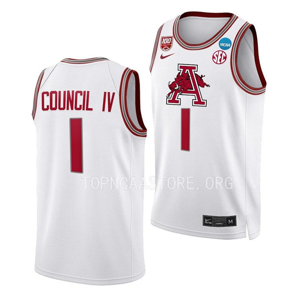 Mens Youth Arkansas Razorbacks #1 Ricky Council IV White 2023 NCAA March Madness Basketball Jersey