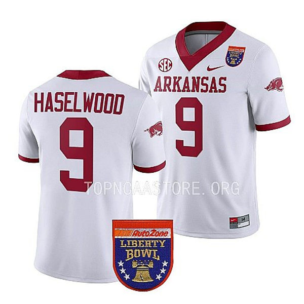 Mens Youth Arkansas Razorbacks #9 Jadon Haselwood Nike White College Football 2022 Liberty Bowl Jersey