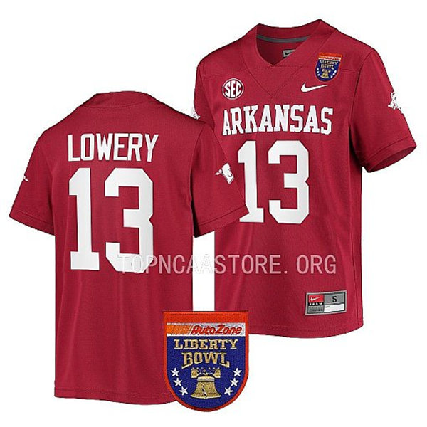 Mens Youth Arkansas Razorbacks #13 Chase Lowery Nike Cardinal College Football 2022 Liberty Bowl Jersey