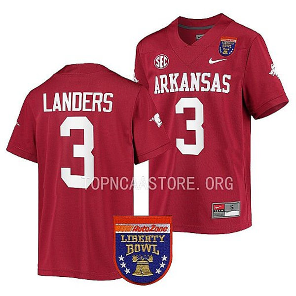 Mens Youth Arkansas Razorbacks #3 Matt Landers Nike Cardinal College Football 2022 Liberty Bowl Jersey