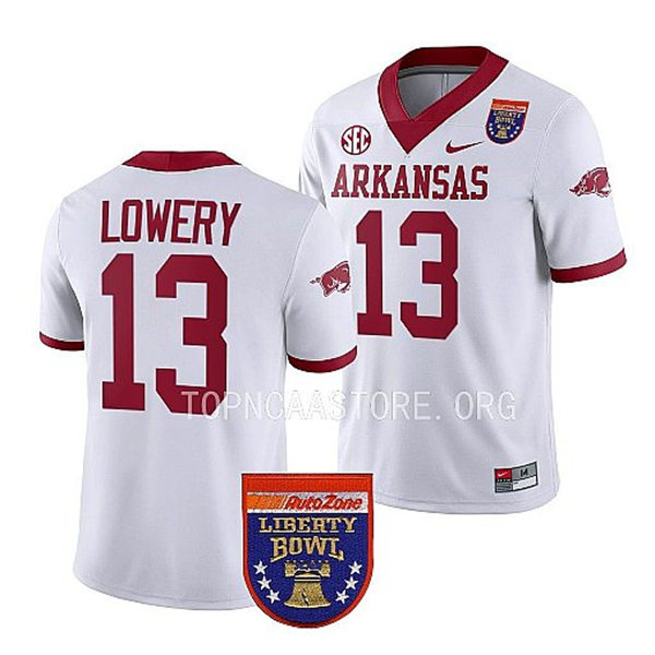 Mens Youth Arkansas Razorbacks #13 Chase Lowery Nike White College Football 2022 Liberty Bowl Jersey