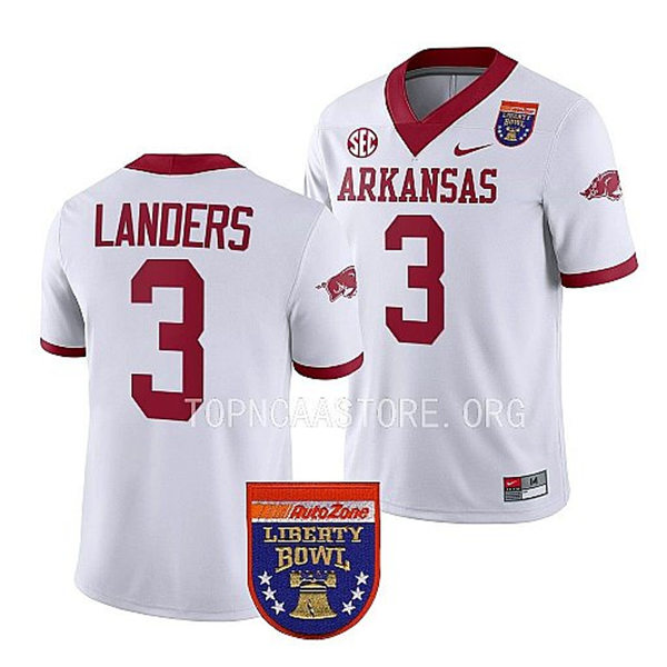 Mens Youth Arkansas Razorbacks #3 Matt Landers Nike White College Football 2022 Liberty Bowl Jersey