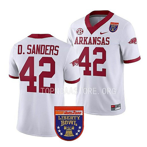 Mens Youth Arkansas Razorbacks #42 Drew Sanders Nike White College Football 2022 Liberty Bowl Jersey