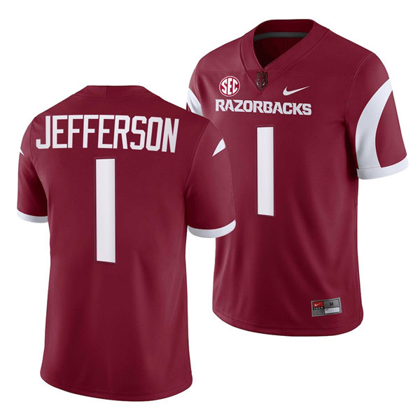 Mens Youth Arkansas Razorbacks #1 KJ Jefferson Nike Cardinal Razorbacks Football Jersey