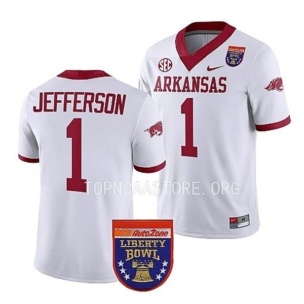 Mens Youth Arkansas Razorbacks #1 KJ Jefferson Nike White College Football 2022 Liberty Bowl Jersey