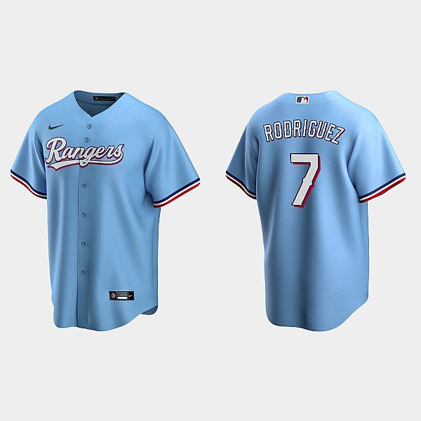 Mens Texas Rangers Retired Player #7 Ivan Rodriguez Nike Light Blue Alternate Jersey