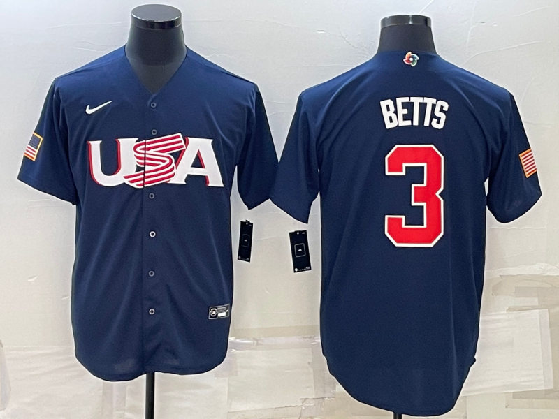 Mens Youth USA #3 Mookie Betts 2023 World Baseball Classic Replica Jersey - Navy 