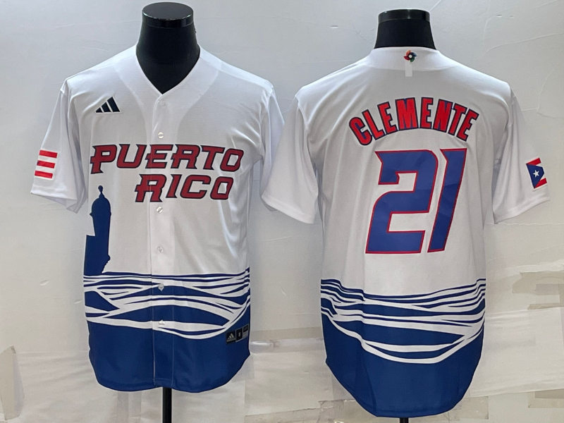 Mens Youth Puerto Rico #21 Roberto Clemente White 2023 World Baseball Classic Jersey