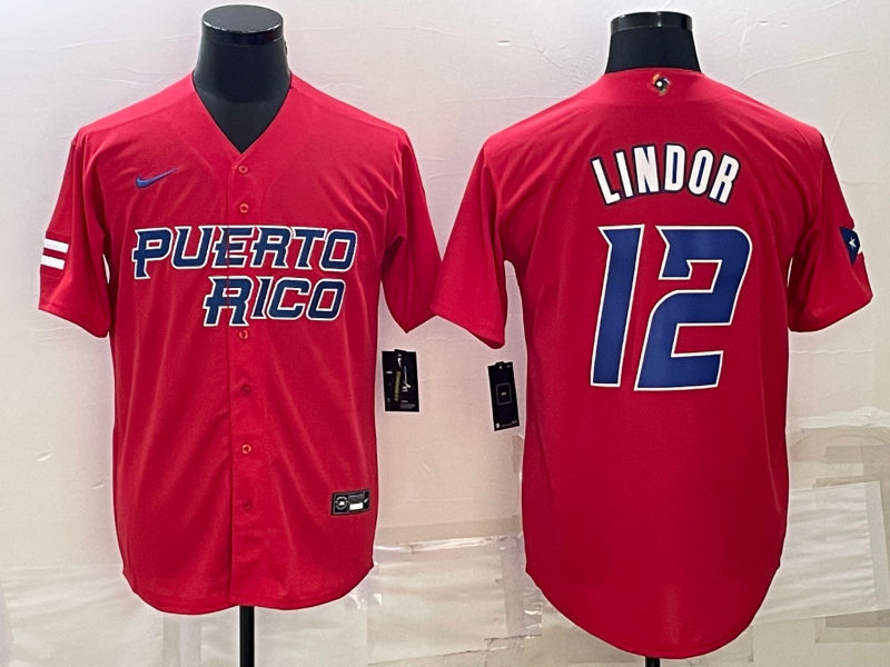 Men's Puerto Rico Baseball #12 Francisco Lindor Red 2023 World Baseball Classic Jersey