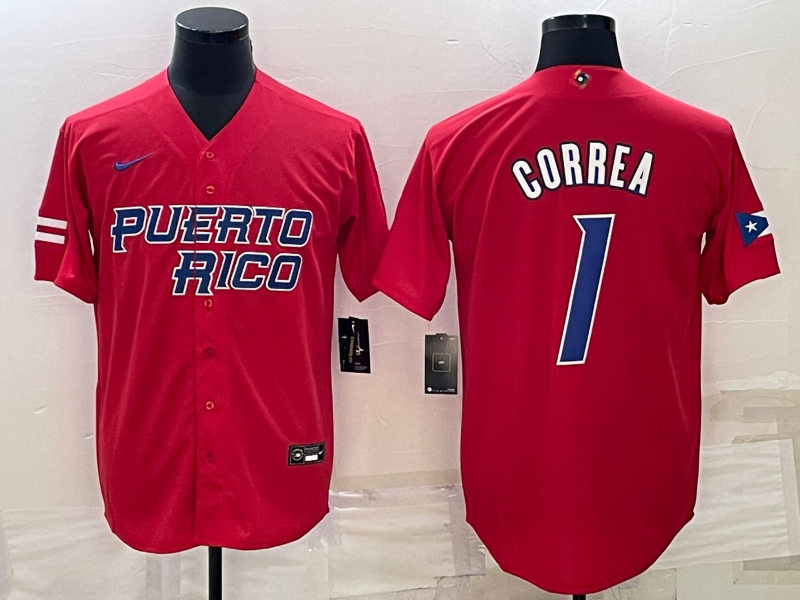 Mens Youth Puerto Rico #1 Carlos Correa Red 2023 World Baseball Classic Jersey