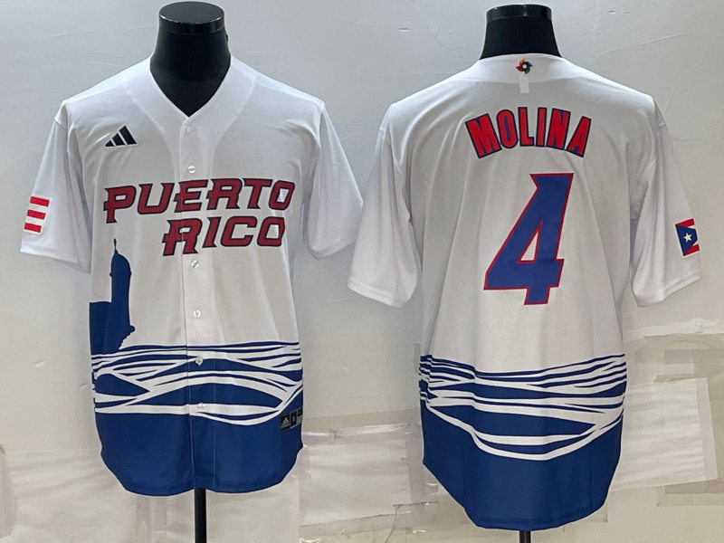 Men's Puerto Rico Baseball #4 Yadier Molina White 2023 World Baseball Classic Jersey